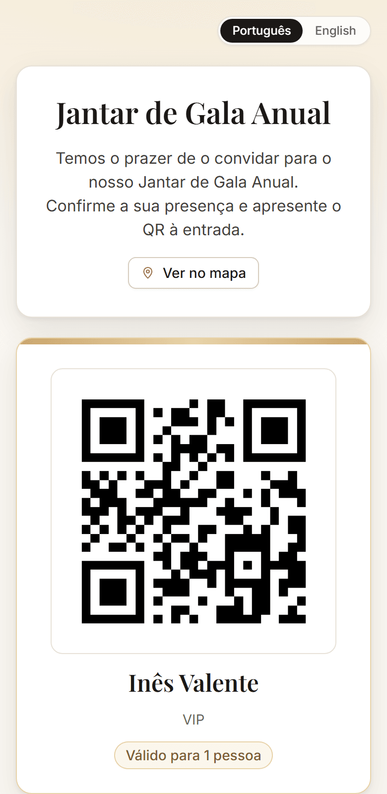 Página do convite no telemóvel com o código QR do convidado