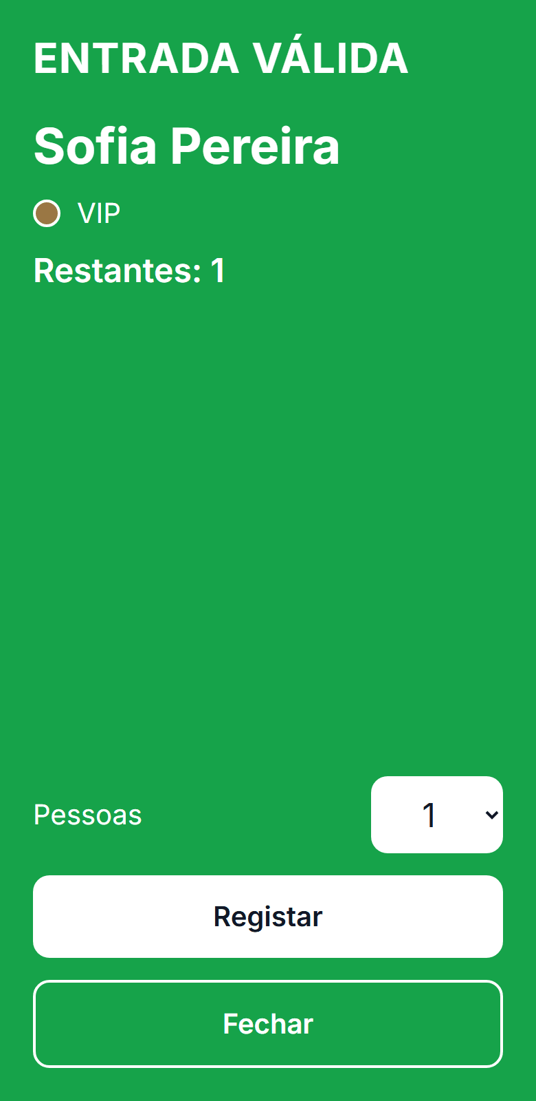 Leitor de entradas no telemóvel com entrada válida